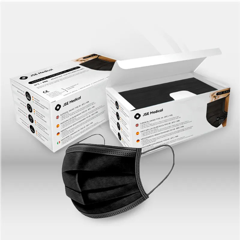 Masques 3 plis chirurgicaux Noir Type IIR >98% - Boîte de 50